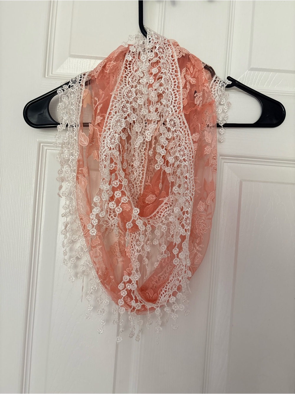 Lace-Trimmed Coral Infinity Scarf